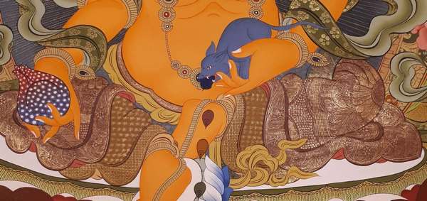 Tibetan Thangka Of Dzambhala, Yellow Jambhala, [24k Real Gold]