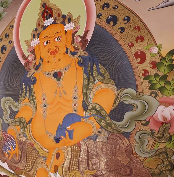 Tibetan Thangka Of Dzambhala, Yellow Jambhala, [24k Real Gold]