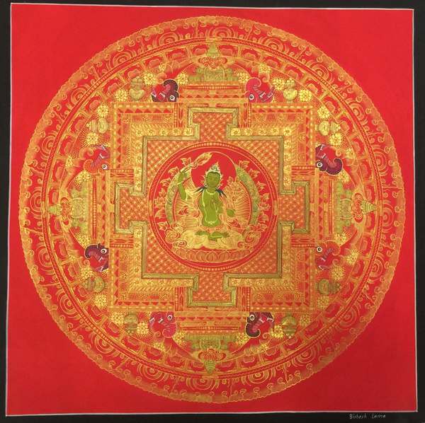 Tibetan Thangka Of Manjushri Mandala In Red, [24k Real Gold]