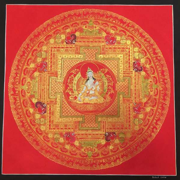 Tibetan Thangka Of White Tara Mandala In Red, [24k Real Gold]