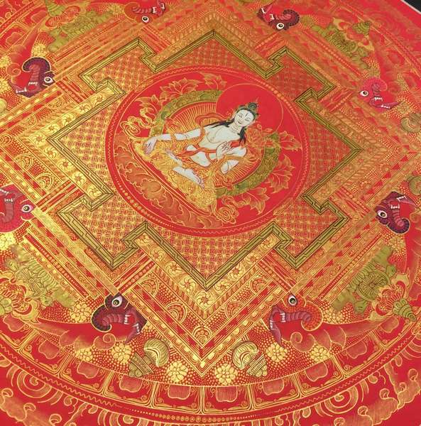 Tibetan Thangka Of White Tara Mandala In Red, [24k Real Gold]