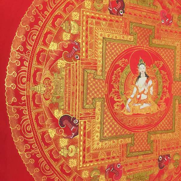 Tibetan Thangka Of White Tara Mandala In Red, [24k Real Gold]