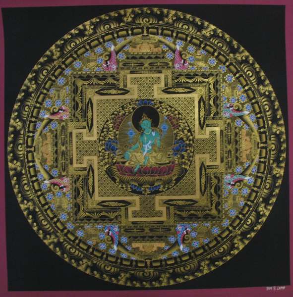 Tibetan Thangka Of Green Tara Mandala, [24k Real Gold]