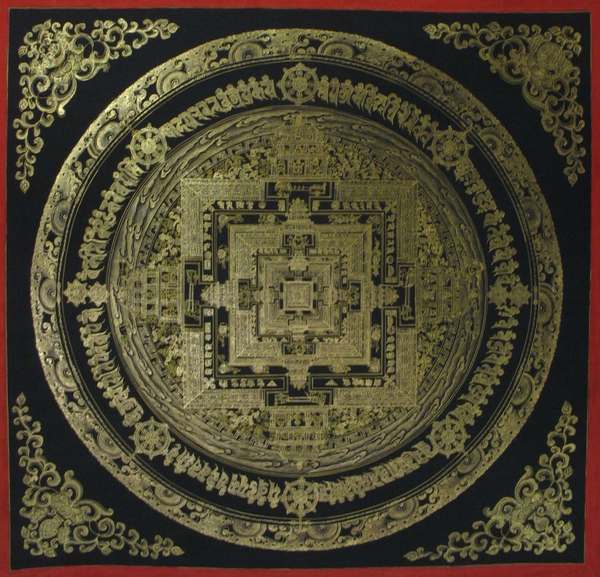 Tibetan Thangka Of All Gold Kalachakra Mandala, [24k Real Gold]
