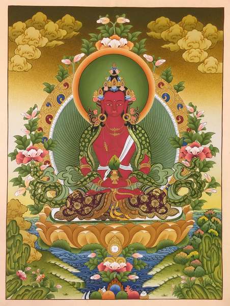 Tibetan Thangka Of Aparimita, [24k Real Gold], Chepame, Amitayus
