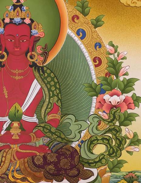 Tibetan Thangka Of Aparimita, [24k Real Gold], Chepame, Amitayus