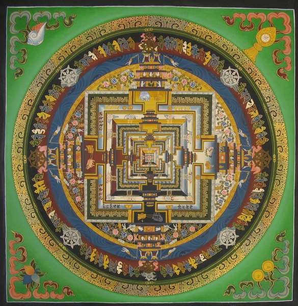 Tibetan Thangka Of Big Kalachakra Mandala, [24k Real Gold]