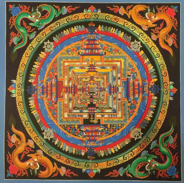 Tibetan Thangka Of Kalachakra Mandala With Dragon Motif, [24k Real Gold]