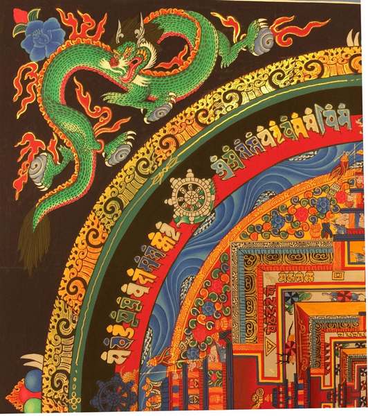 Tibetan Thangka Of Kalachakra Mandala With Dragon Motif, [24k Real Gold]