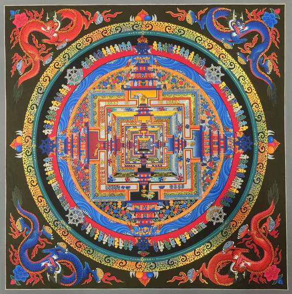 Tibetan Thangka Of Kalachakra Mandala With Dragon Motif, [24k Real Gold]
