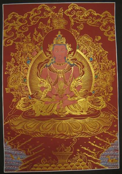 Tibetan Thangka Of Amitayus, [24k Real Gold]