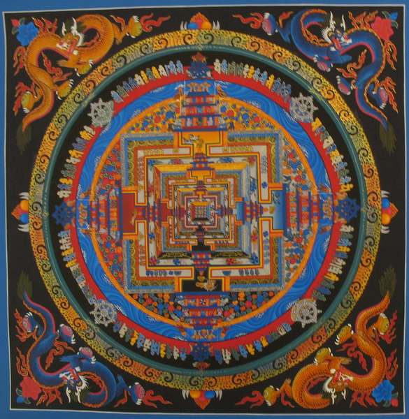 Tibetan Thangka Of Kalachakra Mandala With Dragon Motif, [24k Real Gold]