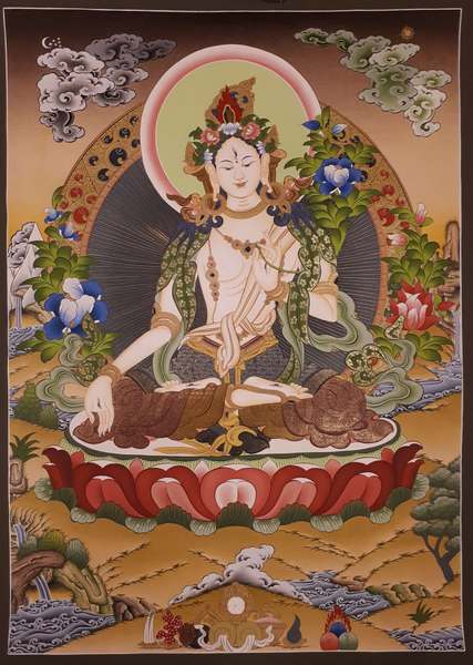 Tibetan Thangka Of White Tara, [24k Real Gold]