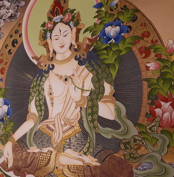 Tibetan Thangka Of White Tara, [24k Real Gold]