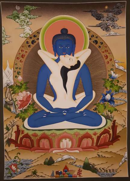 Tibetan Thangka Of Buddha Shakti, [24k Real Gold]
