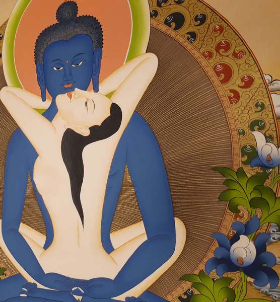 Tibetan Thangka Of Buddha Shakti, [24k Real Gold]