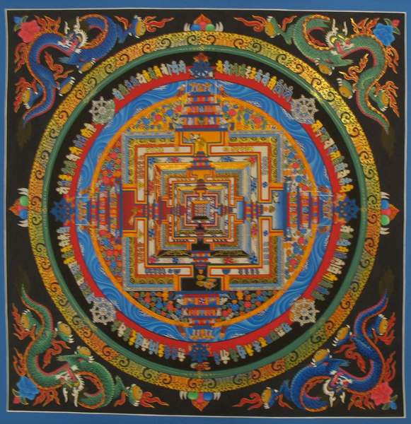 Tibetan Thangka Of Kalachakra Mandala With Dragon Motif, [24k Real Gold]