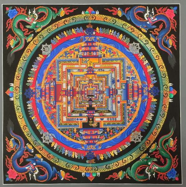 Tibetan Thangka Of Kalachakra Mandala With Dragon Motif, [24k Real Gold]