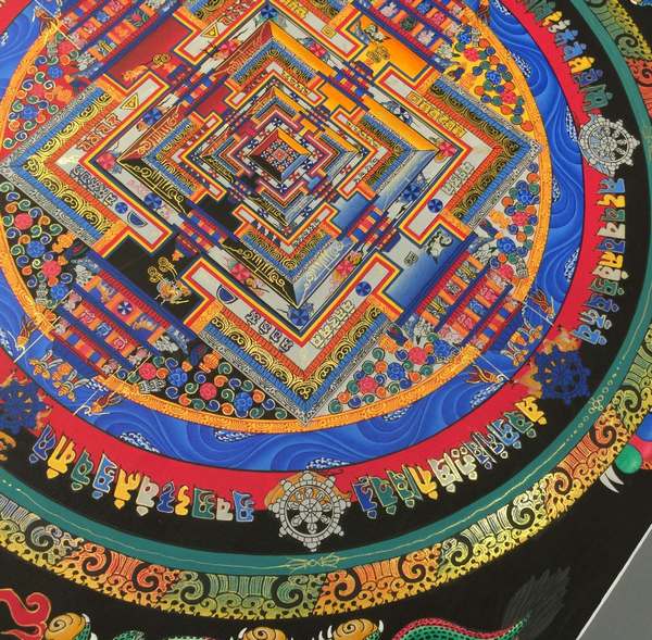 Tibetan Thangka Of Kalachakra Mandala With Dragon Motif, [24k Real Gold]