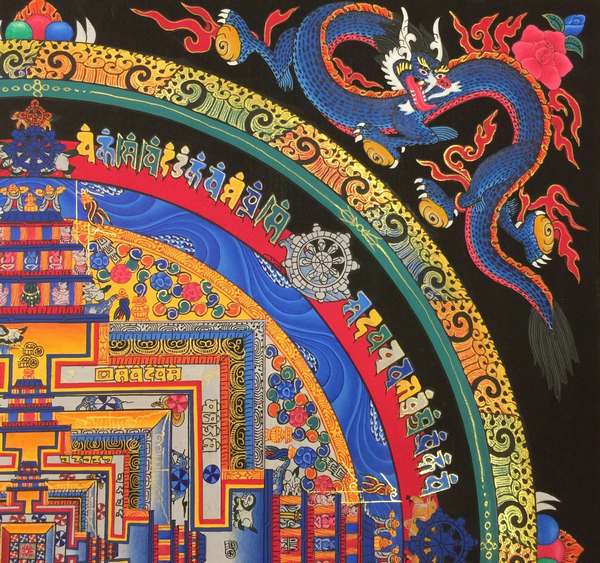 Tibetan Thangka Of Kalachakra Mandala With Dragon Motif, [24k Real Gold]