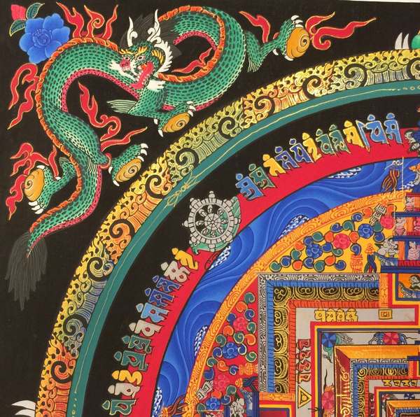 Tibetan Thangka Of Kalachakra Mandala With Dragon Motif, [24k Real Gold]