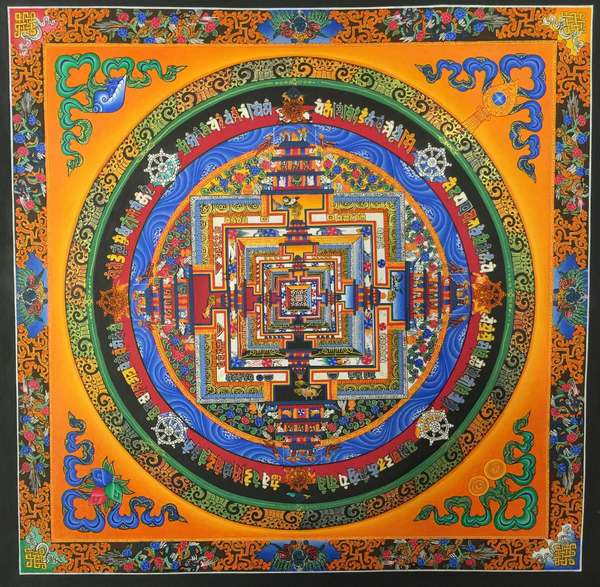 Tibetan Thangka Of Kalachakra Mandala With Dragon Border