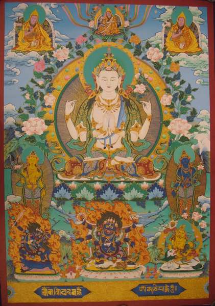 [old Stock], Tibetan Thangka Of Chenrezig, [24k Real Gold], Three Great Bodhisattvas
