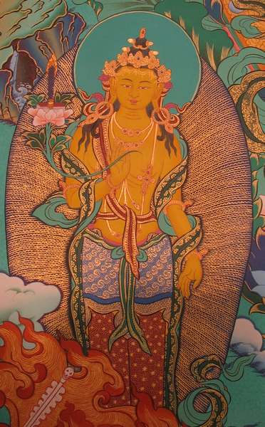 [old Stock], Tibetan Thangka Of Chenrezig, [24k Real Gold], Three Great Bodhisattvas