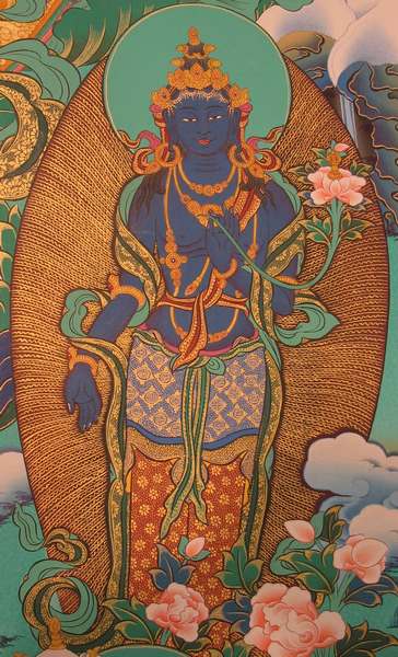 [old Stock], Tibetan Thangka Of Chenrezig, [24k Real Gold], Three Great Bodhisattvas