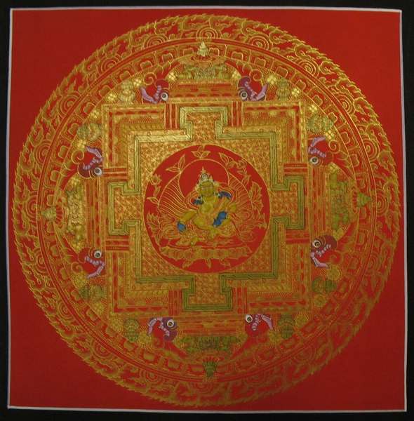 Tibetan Thangka Of Dzambhala, Yellow Jambhala Mandala