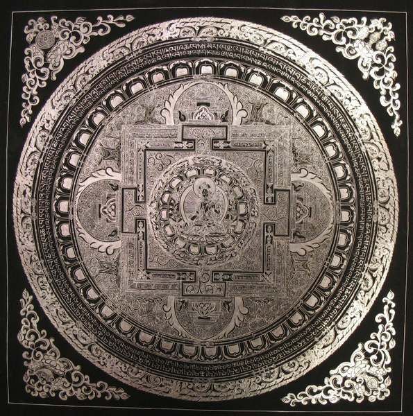 Tibetan Thangka Of Silver White Tara Mandala