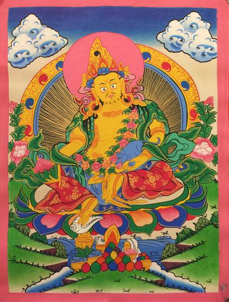 Tibetan Thangka Of Dzambhala, Yellow Jambhala