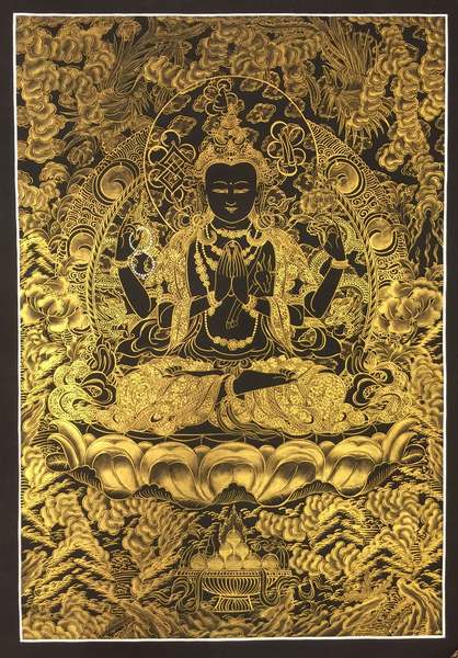 Tibetan Thangka Of Chengrezig Kalo Sunaulo
