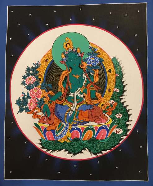 Tibetan Thangka Of Green Tara