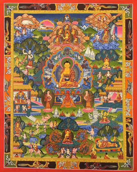 Tibetan Thangka Of Buddha Life Story