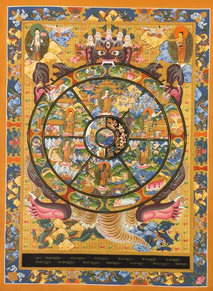 Tibetan Thangka Of Wheel Of Life, [24k Real Gold]