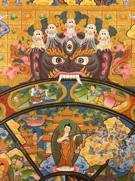 Tibetan Thangka Of Wheel Of Life, [24k Real Gold]