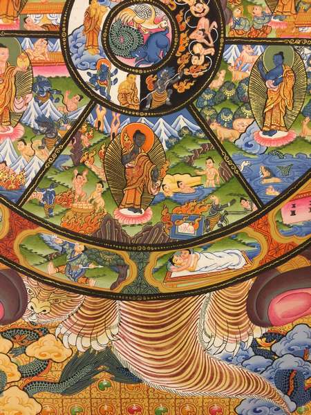 Tibetan Thangka Of Wheel Of Life, [24k Real Gold]
