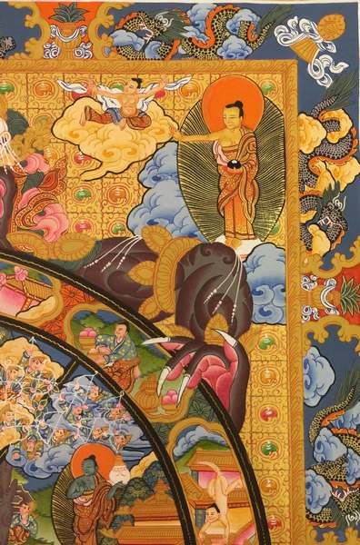 Tibetan Thangka Of Wheel Of Life, [24k Real Gold]