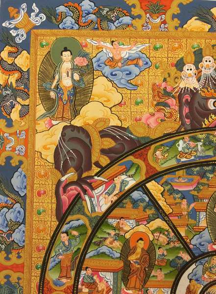 Tibetan Thangka Of Wheel Of Life, [24k Real Gold]