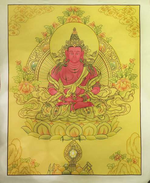 Tibetan Thangka Of Yellow Colored Amitayus