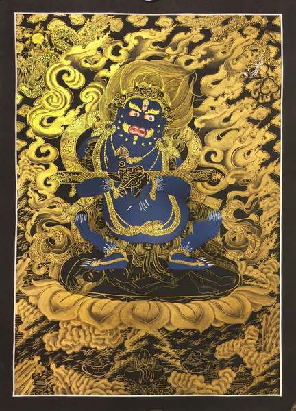 Tibetan Thangka Of Vajrapanjarnatha Mahakala, [24k Real Gold]