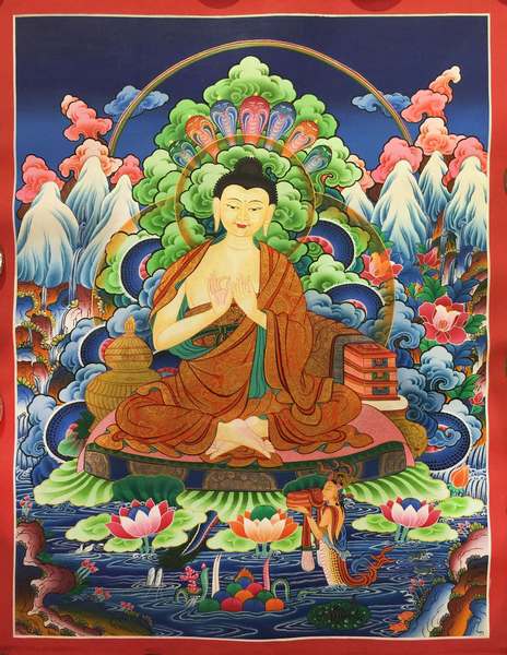 Tibetan Thangka Of Arya Nagarjuna Buddha, [24k Real Gold]