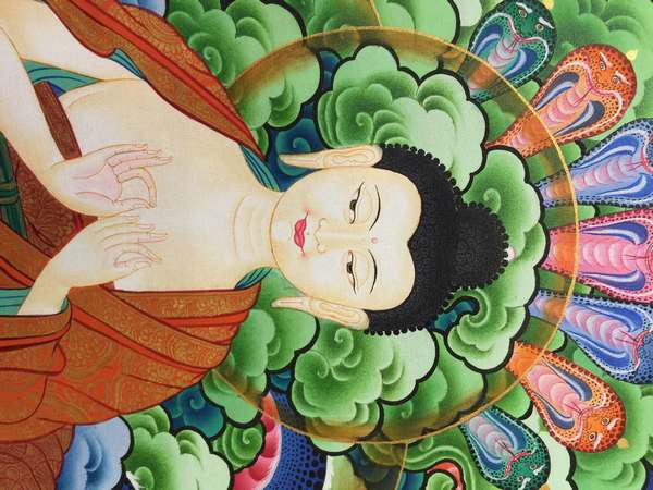 Tibetan Thangka Of Arya Nagarjuna Buddha, [24k Real Gold]