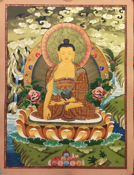 Tibetan Thangka Of Shakyamuni, [24k Real Gold]