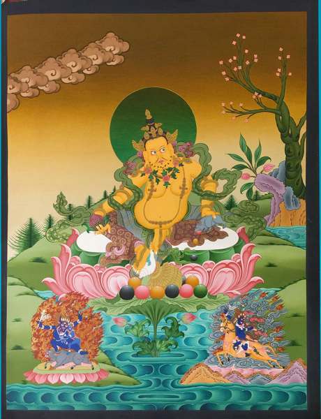 Tibetan Thangka Of Dzambhala, Yellow Jambhala, [24k Real Gold]