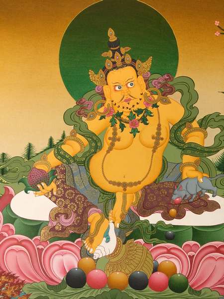 Tibetan Thangka Of Dzambhala, Yellow Jambhala, [24k Real Gold]