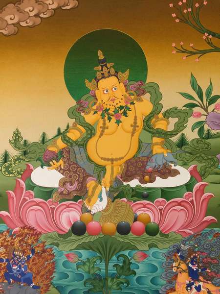 Tibetan Thangka Of Dzambhala, Yellow Jambhala, [24k Real Gold]