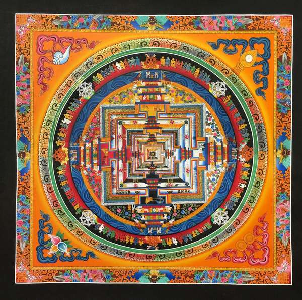Tibetan Thangka Of Dragon Border Kalachakra Mandala, [24k Real Gold]