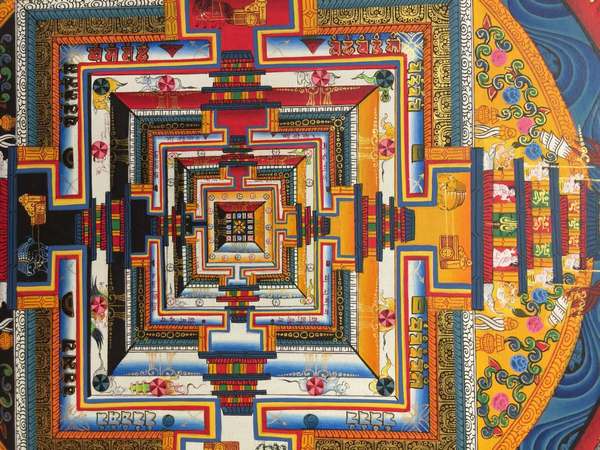 Tibetan Thangka Of Dragon Border Kalachakra Mandala, [24k Real Gold]